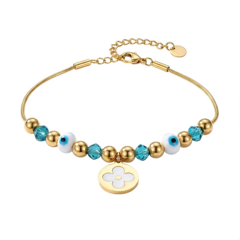 A gold bracelet made of rust-resistant stainless steel, with a thin design adorned with gold and turquoise beads and an elegant eye shape with a white rose pendant, with an adjustable clasp to fit you. - Image 1